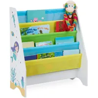 Relaxdays Kinder Bücherregal, 4 Hängefacher, Meerjungfrau Kindermotiv, HBT: 71x62x29 cm, Bücheraufbewahrung, Mehrfarbig