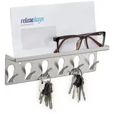 Relaxdays Schlüsselbrett, 6 Haken & Ablagefläche, modernes Design, HxBxT: 7x24,5x5 cm, Stahl, Schlüsselboard, Silber,