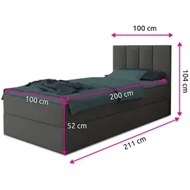 Sofnet Boxspringbett Star Mini Bonell-Matratze - Topper Bettkästen, Jugendzimmer, - 100 x 200 - Dunkelgrau, Textil, H3, Rechteckig, 100x200 cm, Schlafzimmer, Betten, Boxspringbetten