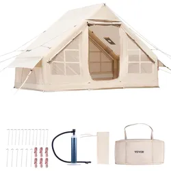 VEVOR Aufblasbare Zelte für Camping 3x2x2m, 3–5 Personen, 300D Oxford 4-Jahreszeiten-Glamping-Zelt mit Handpumpe, Ofenanschluss, 2 Türen & 2 Netzfenstern, inkl. Aufbewahrungstasche für Transport