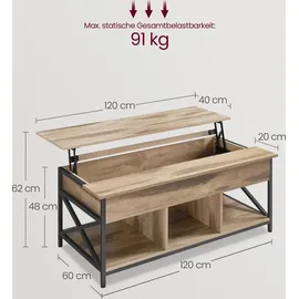 VASAGLE Hellbraun Stahl 60 x 120 x 48-62 cm