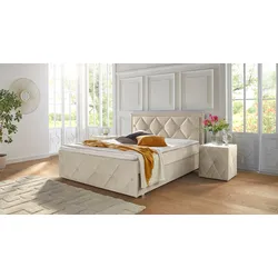 Boxbett LEONIQUE "Alfie, Topseller Inkl. Bettkasten&Topper", beige, L:211cm, Holzwerkstoff, Spanplatte, Komplettbetten, Wahlweise mit Knopfsteppung oder Strasssteinen, H2, H3 und H4 wählbar