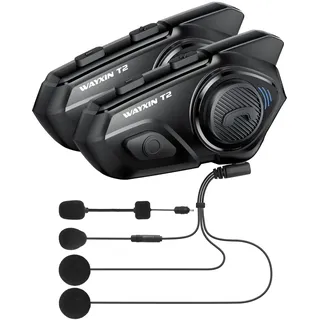 WAYXIN T2 Motorrad Headset mit Gegensprechanlage,Helm Kommunikationssystem für 2 Personen in Reichweite von 300m, mit Sprachassistent, Wasserdicht Freisprecheinrichtung,Musikanrufsteuerung(2pcs)