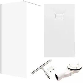 bad land SET Duschwanne VIDAR 80x120 Rechteck Weiß + Walk-In Dusche KETIL Chrom 100x195 Transparentes Glas + Glaswischer