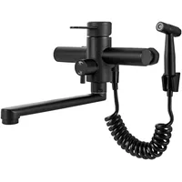 Wandmontage Wandarmatur für Küche Edelstahl Wasserhahn mit Spritzpistole 360° drehbar Küchenarmatur Wandmontage Waschbeckenarmatur Einhebelmischer Einstellbarer Wasserauslassmodus (Schwarz)