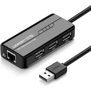 UGREEN Netzwerk Adapter Rj45 / Usb-A 10/100Mbps Hub 3X Usb-A 2.0), Schwarz