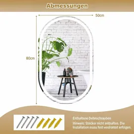Costway Badspiegel, Badezimmerspiegel mit Beleuchtung, dimmbarer 3-Farben-Temperatur, Antibeschlag-Funktion&HD gehärtetem Glas, Wandspiegel 80x50 cm - Silber