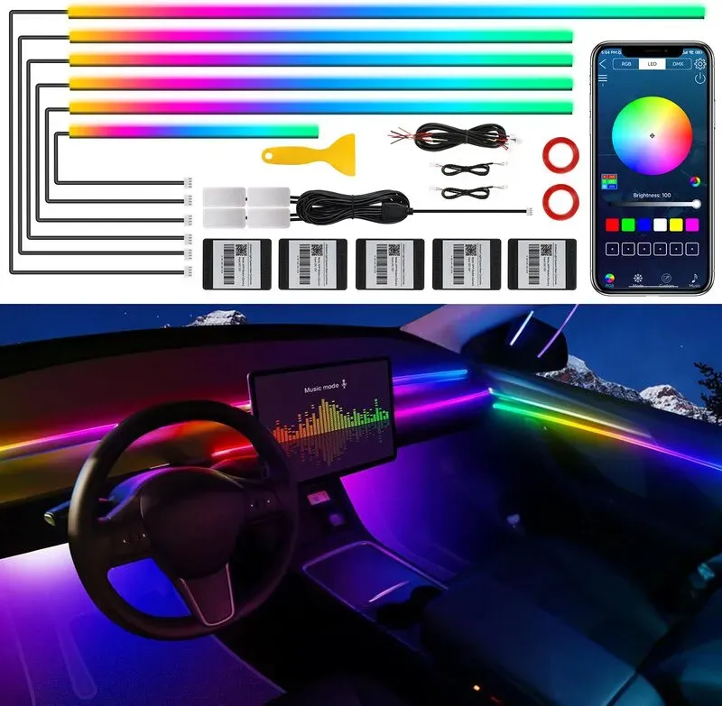 Dreamcolor LED‐Streifen aus Acryl für Auto‐Innen, mit kabelloser App, RGB‐14‐in‐1, 175 Zoll (593), Neon‐Auto‐Ambient‐Lighting‐Kits, dynamische LED‐Lauflichter mit Musik‐Synchronisierung, Faseroptik‐Streifen