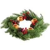 Belle Vous Weihnachts-Adventskranz Künstlich Geschmückter Adventskranz - 40 cm - Kerzenhalter Adventskranz mit Kerzenhaltern, Tannenzapfen & Roten Stechpalmenbeeren für Weihnachts-/Tischdekoration