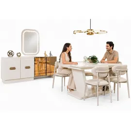 aea Edle Esszimmer Garnitur Designer Esstisch 4x Textilstühle Spiegel - Weiß
