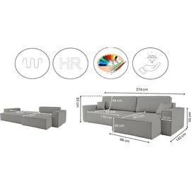 kaiser möbel Ecksofa mit schlaffunktion und bettkasten, Eckcouch BEST XL stoff Quelle Grau Rechts - Grau