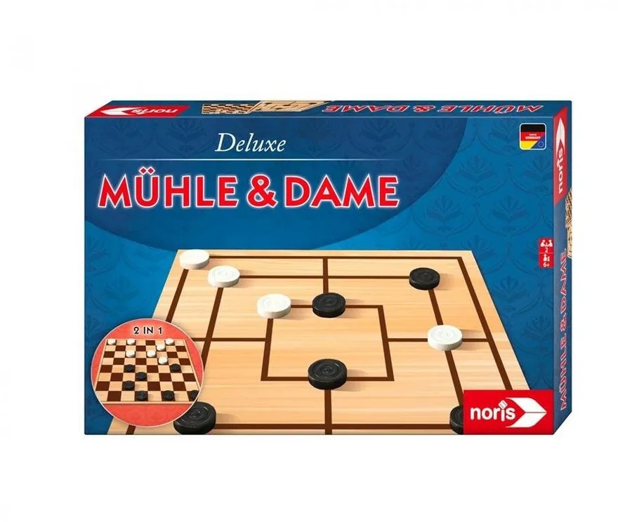 Noris Spiel, Deluxe Mühle & Dame, mit Spielbrett, 24 Holzsteine, Familienspiel beige
