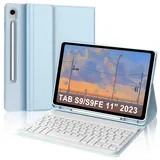 IVEOPPE Tastatur für Samsung Galaxy Tab S9 FE 10.9"/S9 11", Hülle mit Tastatur für Samsung Tab S9/S9FE 2023, Bluetooth Magnetisch Abnehmbarer QWERTZ Tastatur Galaxy S9 Tablet, Babyblau