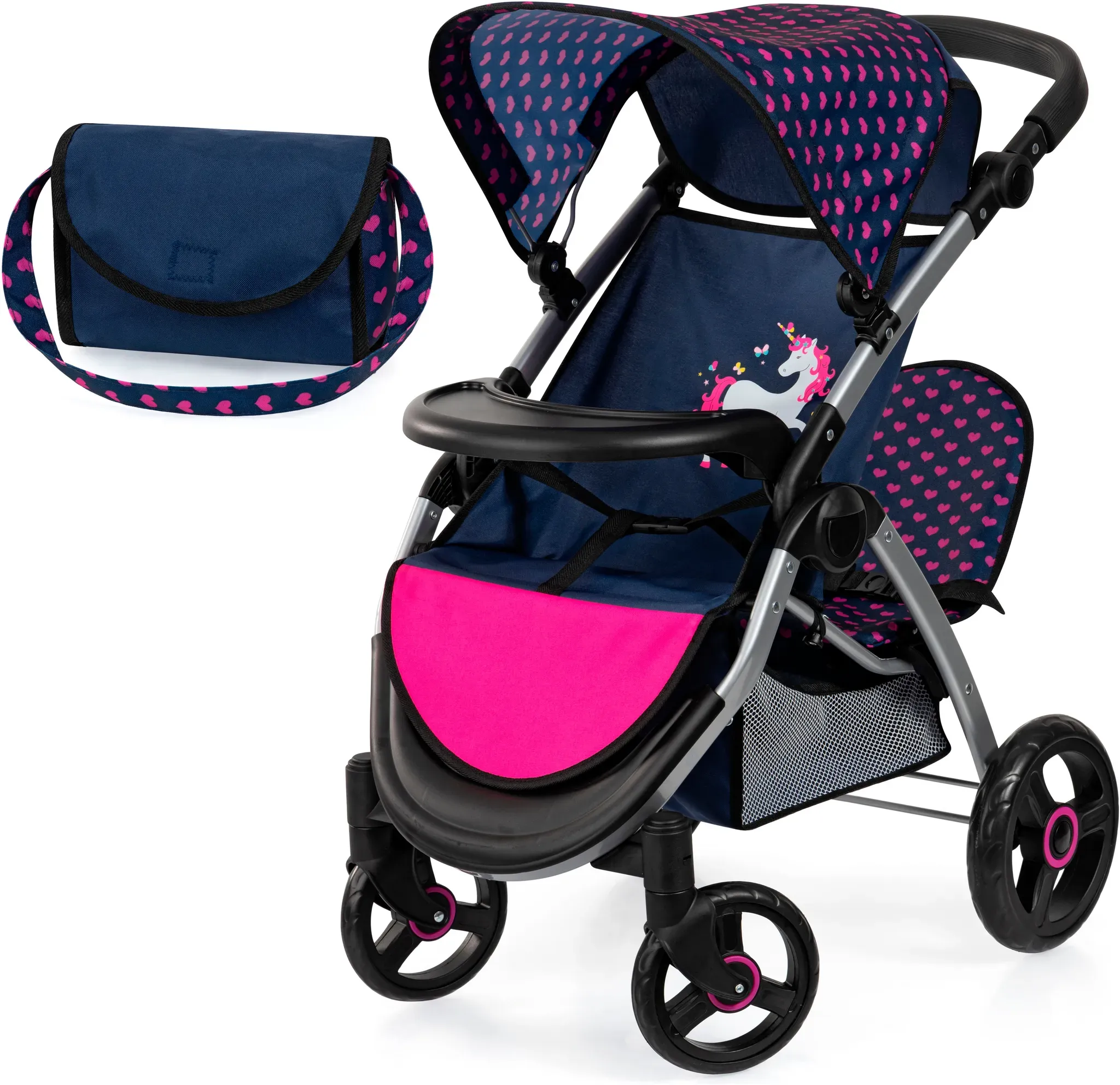 Puppen-Zwillingsbuggy BAYER "Twin Star, blau/pink", bunt (blau, pink), Puppenwagen, KinderB:41cm H:60cm T:68cm, Kunststoff, Metall, Stoff, mit Wickeltasche, B:41cm H:60cm T:68cm