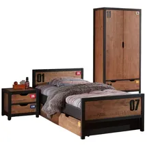 58 aufm Kessel Jugendzimmer-Set Kinderzimmer Set komplett Kameko 3 Massivholz+MDF Schwarz/Cognac, (inkl. Versand, Lieferung bis Verwendungsstelle), Nachtkonsole, Einzelbett, Bettschublade und Kleiderschrank beige|schwarz