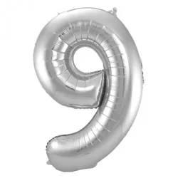 Folat XL Folienballon Zahl 9 in silber, 86 cm, 1 Stück, Helium Ballon (unbefüllt) - Luftballon