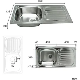 stabilo-sanitär Alfa 1 rechts Einbauspüle Edelstahl grau Handbetätigung 860 x 435 mm