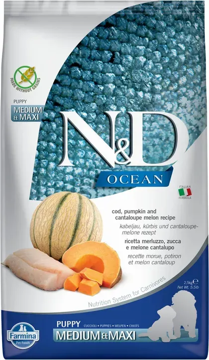 Farmina N&D Ocean Kabeljau mit Kürbis Hundefutter für Welpen Mittel-/Großrassen 2,5 kg