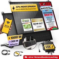 Balkonkraftwerk 1000W/800W Solaranlage mit Balkon Halterung Steckerfertig Komplettset Photovoltaik Anlage 800W, Kabellänge: 5m