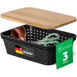 Novaliv 3er Set Aufbewahrungsbox mit Holzdeckel Küche 1L Schwarz Kunststoff Rattan-Optik Küche Aufbewahrung & Organisation BPA-Freie Schrank Organizer Ordnungsboxen für Teebeutel Snacks Gewürze