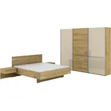 Schlafzimmer-Set MUSTERRING "Savona, Kleiderschrank, Bett & Nachtkommoden, teilmassiv Bianco-Eiche", braun, Schrank 300cm Breit / 236cm Hoch + ohne Matratze, B/H: 180cm x 200cm, Schrank 300cm Breit / 236cm Hoch, Floatglas, Hartfaserplatte, Holz teilmassiv, Holzwerkstoff, Massivholz, Spanplatte, Schlafzimmermöbel-Sets, Eiche- und Glastüren, Konsolen und Kopfteil Eiche-Bianco, Höhe 236cm