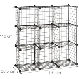 Relaxdays Steckregal Drahtgitter, 9 Fächer, DIY-Regalsystem Metall, offenes Würfelregal, Fächergröße 35 x 35 cm, schwarz