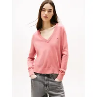V-Ausschnitt-Pullover TOMMY JEANS "TJW ESSENTIAL VNECK SWEATER EXT", Damen, Gr. L (40), tahiti berry, Strick, Obermaterial: 100% Baumwolle, unifarben, normal kurz, V-Ausschnitt, Rippstrickbündchen, Pullover, mit Logostickerei