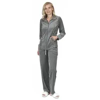 RAIKOU Hausanzug Nicki Velours Damen Hausanzug Freizeitanzug Jogginganzug (mit Reißverschluss und Leo Print, 2 tlg) weiche Baumwolle-Polyester-Gemisch grau 36/38