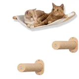 Kletterwand Katzen, Katzenbaum Hängematte, Katzen Kletterwand Set, Stabile Wandliege Katzenmöbel Mit 2 Katzentreppe Wand, Bois Massif, Katzenwandmöbel Für Schlaf, Klettern Und Spielen, Beige