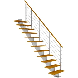 Dolle Mittelholmtreppe Hamburg Gerade Eiche, geölt 85 cm breit für Geschosshöhen 259 – 301 cm UK Metall Perlgrau inkl. einseitigem Designgeländer