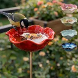 Vogeltränke Blume & Bienentränke Keramik Gartenstecker – Insektentränke Garten für Wasser & Vogelfutter, Dekorative Keramikblüten für Bienen & Vögel (2, Rot)