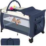 Tectake tectake® Kinder Reisebett, klappbar und höhenverstellbar, 2 Rollen mit Bremsen, inklusive Tragetasche, 132 x 75 x 104 cm