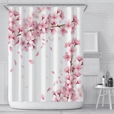 GEMMII Duschvorhang mit rosa Kirschblütendruck, 3D-Badewanne, extra lang, wasserdicht, Dickes Polyester, mit 12 Haken, Badezimmerdekoration, 240 x 200 cm (94 x 79 Zoll)