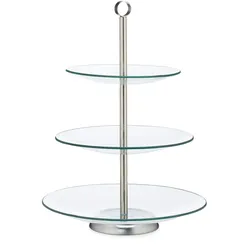 Relaxdays Etagere, 3 Etagen, rund, Cupcake, Keks, Obst, Muffin, Servierständer, Glas, Edelstahl, silber/transparent
