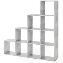 VICCO Treppenregal 10 Fächer Grau Beton - Raumteiler Stufenregal Bücherregal