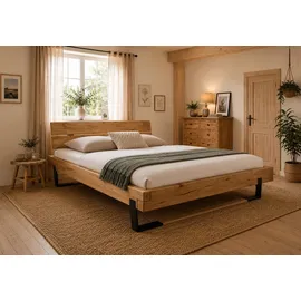 Home Affaire Massivholzbett HOME AFFAIRE "Ultima Balkenbett Doppelbett, Füße Metallkufe mit Holzelement", braun (eiche), B:218cm H:88cm L:228cm, Betten, Massivholzbett, FSC-zertifizierte Wildeiche oder Fichte, viele Breiten zur Auswahl