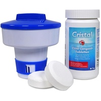 Cristal Set: 1 kg Chlortabletten 200 g langsam löslich inkl. Dosierschwimmer, hoher Aktivchlorgehalt, Langzeittabletten für eine effektive Poolpflege