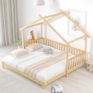 SOFTWEARY Ausziehbett, Kinderbett mit Lattenrost und ausziehbarer Liegefläche, 90x200 cm/180x200 cm, Holzbett aus Kieferholz, Hausbett, Jugendbett - Naturbelassen