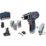 Bosch Professional GSR 12V-15 + GLI DeciLED Akku-Bohrschrauber 12 V 2 Ah, 4 Ah Li-Ion inkl. Akku-Lampe, inkl. 2. Akku, mit Zubehör, inkl. Tasche