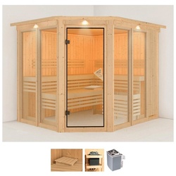 Karibu Sauna Anike 3, BxTxH: 245 x 210 x 202 cm, 68 mm, (Set) 9-kW-Ofen mit integrierter Steuerung beige
