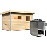 Woodfeeling Karibu Gartensauna Pultdach Saunahaus Skrollan 1 mit Vorraum-9 kW Bio-Kombiofen inkl. Steuergerät-Klassische Saunatür (Klarglas) inkl. 8-teiligem gratis Zubehörpaket (Gesamtwert 191,92€)