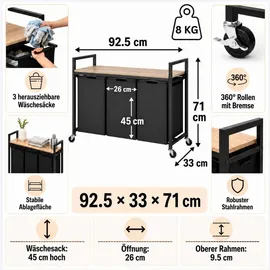 DanDiBo Ambiente DanDiBo Wäschekorb mit Rollen und 1 Ablage Wäscheregal Wäschesammler 3 Fächer 96697 Wäschebox Regal Wäschetonne Wäschesortierer Wäschetrenner