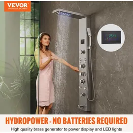 Vevor Duschpaneelsystem, 6 Duschmodi, LED- und Bildschirm-Wasserkraft-Duschpaneelturm, Regenfall, Wasserfall, 8 Massagedüsen, Wannenauslauf, Handbrause, Wandduschset aus Edelstahl