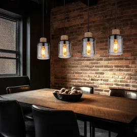 GLOBO Pendellampe schwarz Esstischleuchte 4 flammig Rauchglas Hängeleuchte, Metall schwarz matt, Holz, 4x E27, Lxbxh 78x10x120 cm