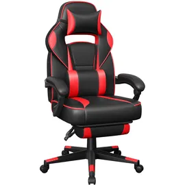 Songmics Gamingstuhl, Schreibtischstuhl, mit Fußstütze, Bürostuhl, mit Kopfstütze und Lendenkissen, höhenverstellbar, ergonomisch, neigbare Rückenlehne, bis 150 kg belastbar, tintenschwarz-erdbeerrot OBG73BRV1