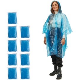 Relaxdays Regenponcho Einweg, 10er Set, Einmal Regencape mit Kapuze, für Erwachsene, Notfallponcho Damen & Herren, blau Einheitsgröße