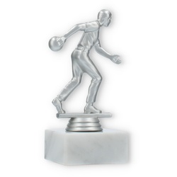 Pokal Kunststofffigur Bowlingspieler silbermetallic auf weißem Marmorsockel 15,0cm