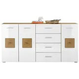 Stella Trading GEORGIA Sideboard in Weiß, Artisan Eiche Optik mit Hirnholz-Applikationen - Moderne Kommode mit Schubladen und viel Stauraum - 180 x 92 x 38 cm (B/H/T)