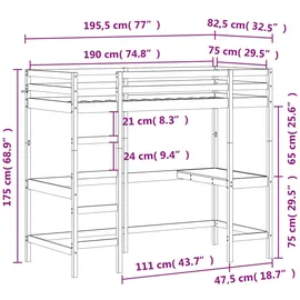 vidaXL Hochbett mit Schreibtisch 75 x 190 cm Kiefer massiv weiß