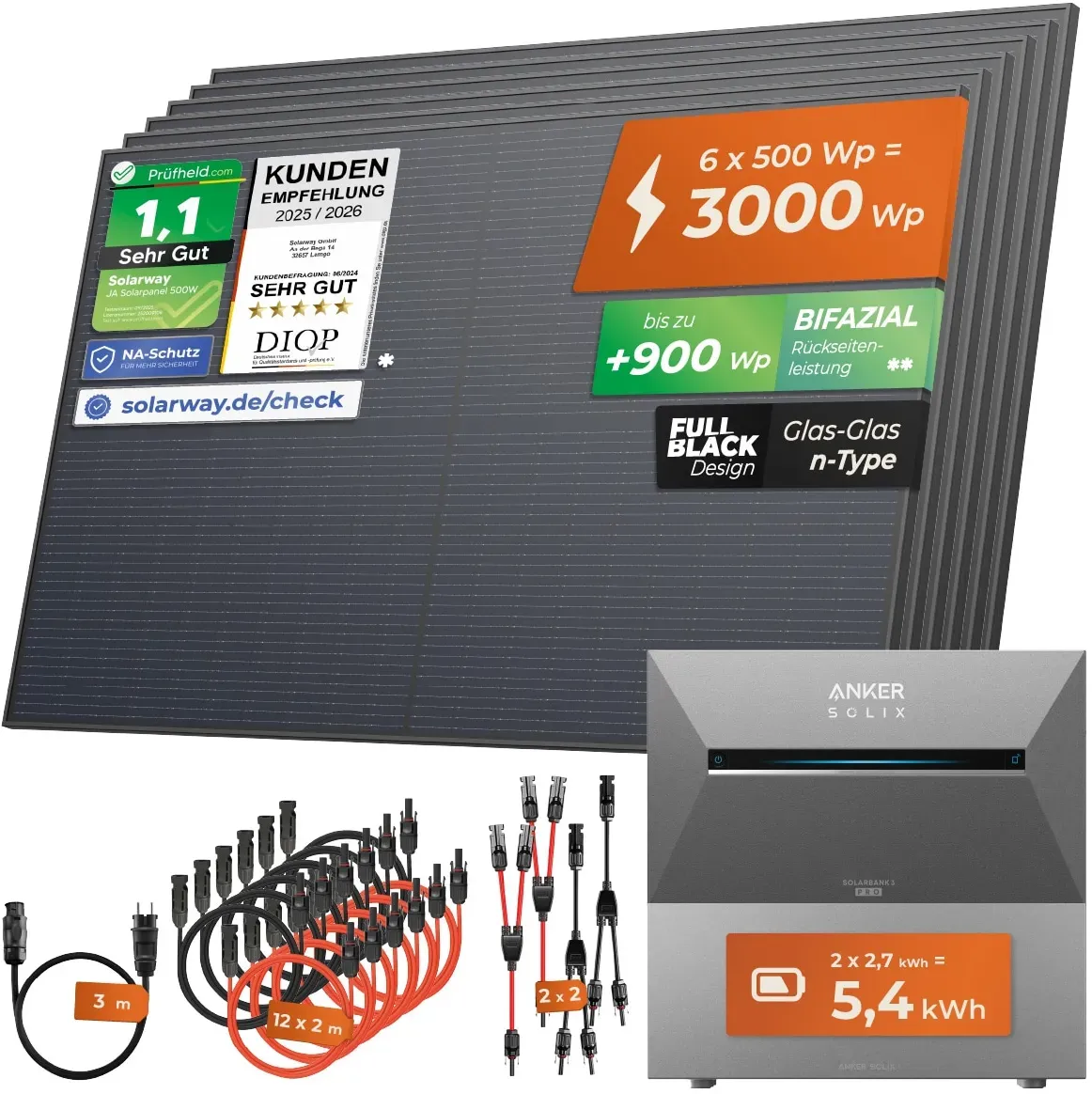 Solarway® All In One Balkonkraftwerk mit Speicher 3000W komplett Steckdose - 5,4 kWh Anker Solix 3 PRO Speicher - Solaranlage Komplettset - 500W bifaziale Solarmodule & Anker Speicher & Zubehör
